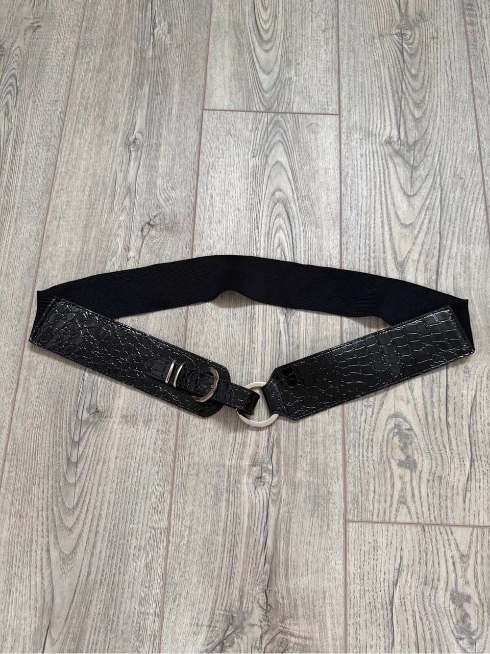 Black Croc-Embossed Elastic Waist Belt with Silver Ring